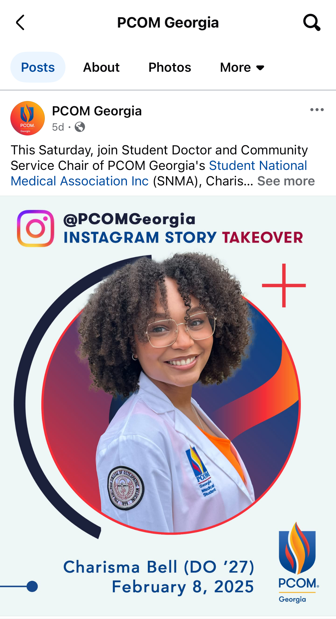 Screenshot of a social media post on PCOM Georgia's Instagram account